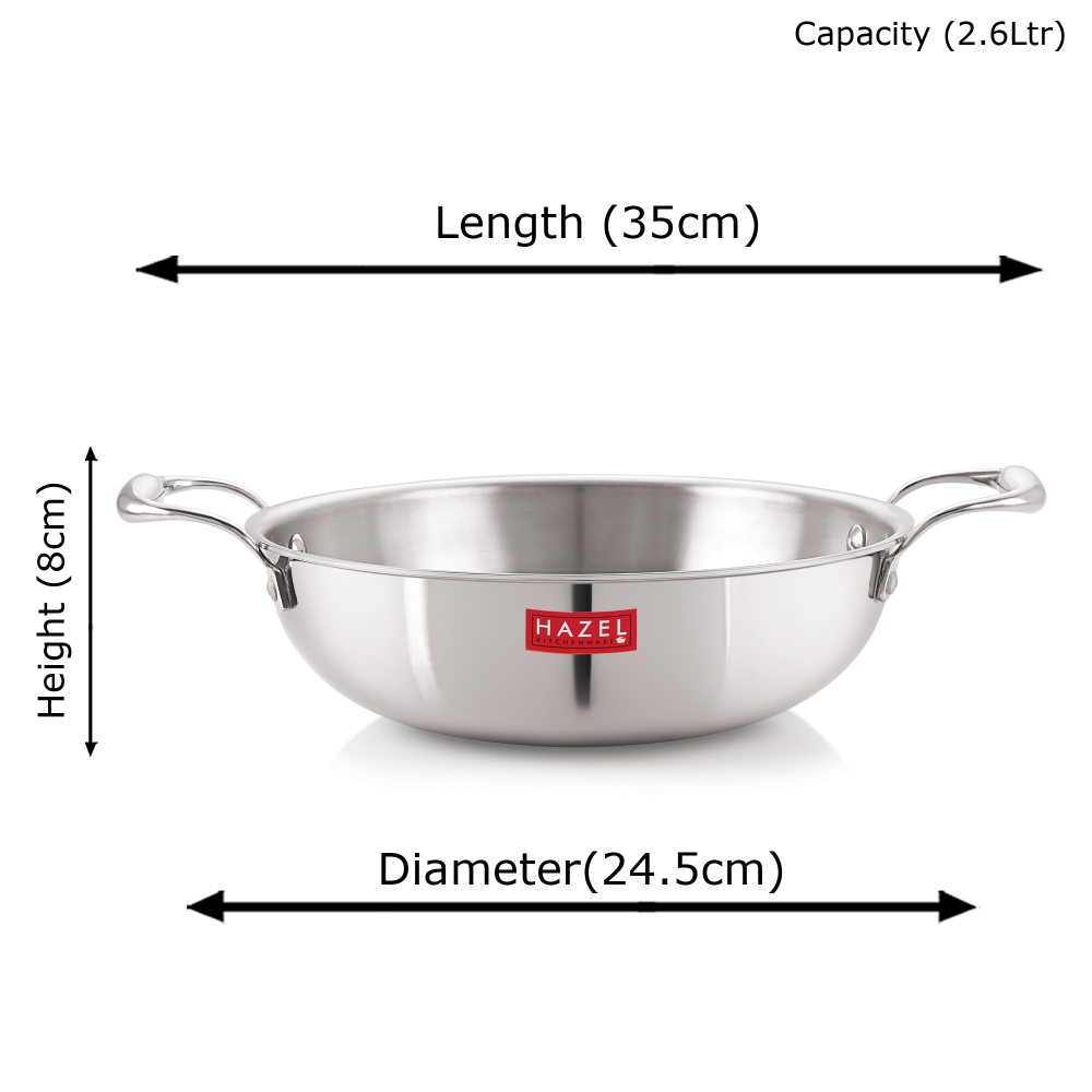 HAZEL Triply Stainless Steel Induction Bottom Kadhai With Stainless Steel Lid, 2.6 Litre, 24.5 cm