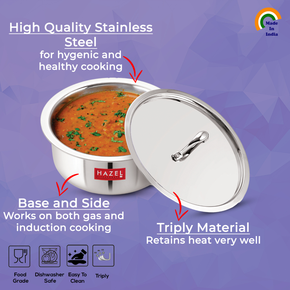 HAZEL Triply Stainless Steel Induction Bottom Tope With Stainless Steel Lid, 3 Litre, 20.5 cm