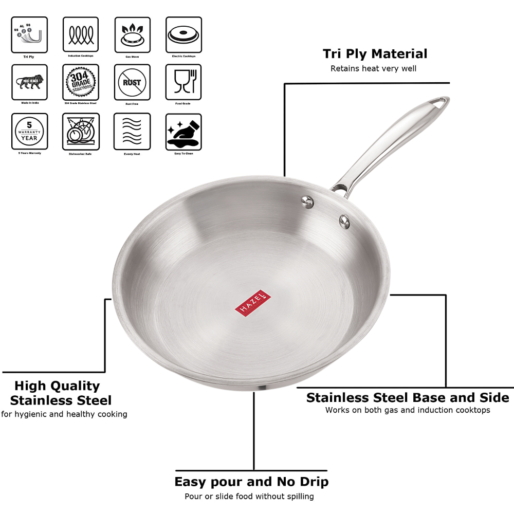 HAZEL Triply Stainless Steel Induction Bottom Fry Pan With Stainless Steel Lid, 1.5 Litre, 22 cm