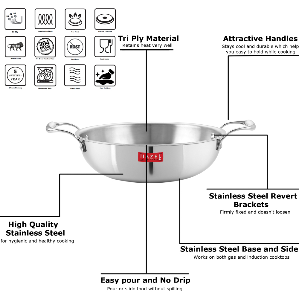HAZEL Triply Stainless Steel Induction Bottom Tasra and Kadhai With Steel Lid, 1.5 Litre, 20.5 cm