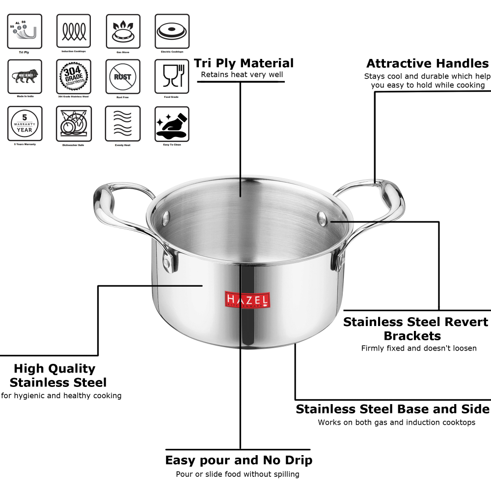 HAZEL Triply Stainless Steel Induction Bottom Kadhai and Tasra 1.5 Litre, Tope With Handle 3.6 Litre