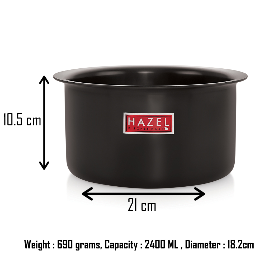 HAZEL Hard Anodised Tope Patila 3mm Aluminium Anodized Boiling Vessels Bhagona Dekchi, 2400 ML, 18.2 cm, Black