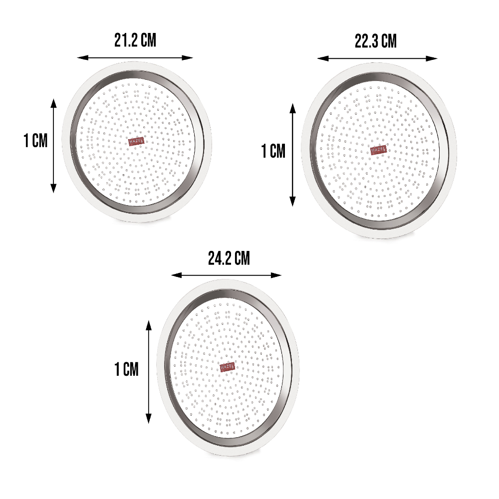 HAZEL Stainless Steel Cover Lid with Hole Chiba Ciba For Topes Pots, 21.2, 22.3 & 24.2 Cm, Set of 3, Silver