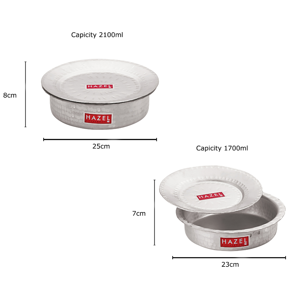 HAZEL Aluminium Langdi Patila Pot With Lid Hammered Finish Round Bottom Boiling Tope Vessels Bhagona Dekchi, Set of 2, 1700 ML, 2100 ML