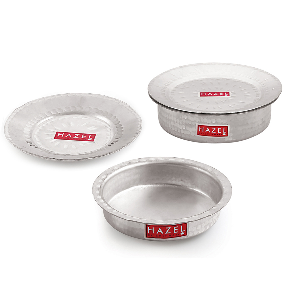 HAZEL Aluminium Langdi Patila Pot With Lid Hammered Finish Round Bottom Boiling Tope Vessels Bhagona Dekchi, Set of 2, 900 ML, 2100 ML