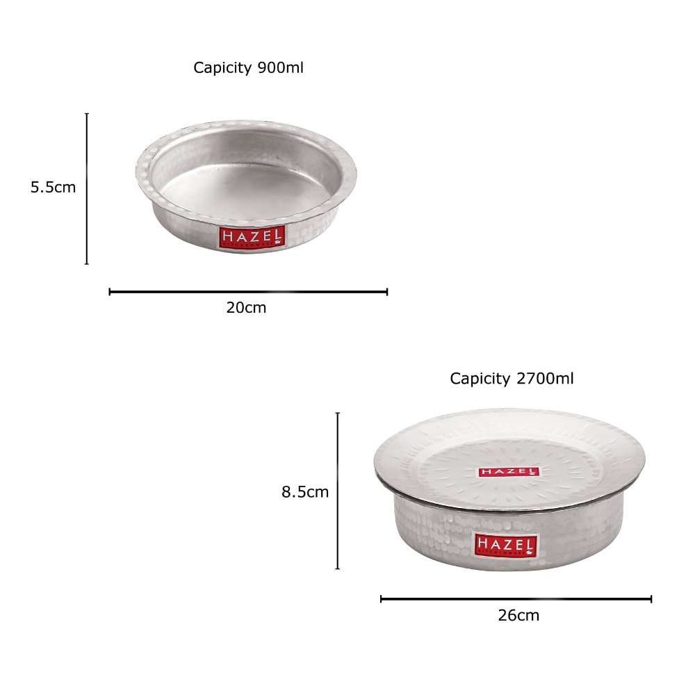 HAZEL Aluminium Langdi Patila Pot With Lid Hammered Finish Round Bottom Boiling Tope Vessels Bhagona Dekchi, Set of 2, 900 ML, 2700 ML