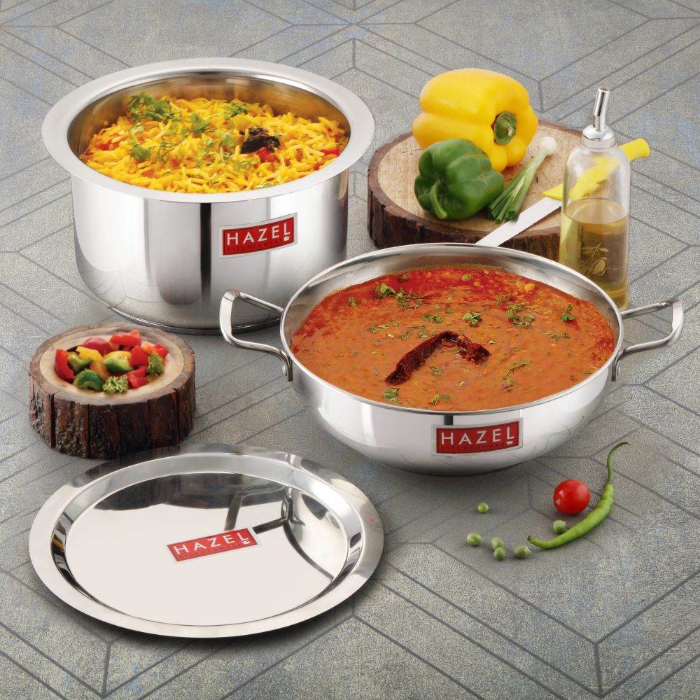 HAZEL Induction Base Cookware Set | Stainless Steel Induction Bottom Cookware Bartan Combo For Cooking (Kadhai, Tope, 2 Steel Lid Cover) 4 Pieces, 2500, 2000 ml, Silver
