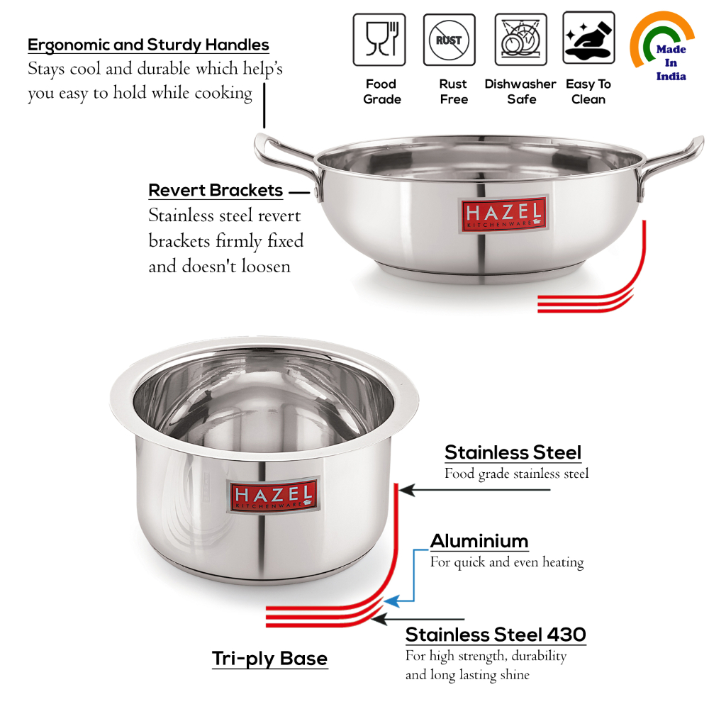 HAZEL Induction Base Cookware Set | Stainless Steel Induction Bottom Cookware Bartan Combo For Cooking (Kadhai, Tope, 2 Steel Lid Cover) 4 Pieces, 2500, 2000 ml, Silver