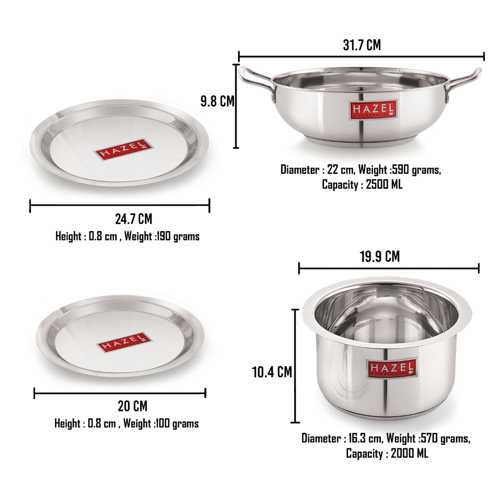 HAZEL Induction Base Cookware Set | Stainless Steel Induction Bottom Cookware Bartan Combo For Cooking (Kadhai, Tope, 2 Steel Lid Cover) 4 Pieces, 2500, 2000 ml, Silver