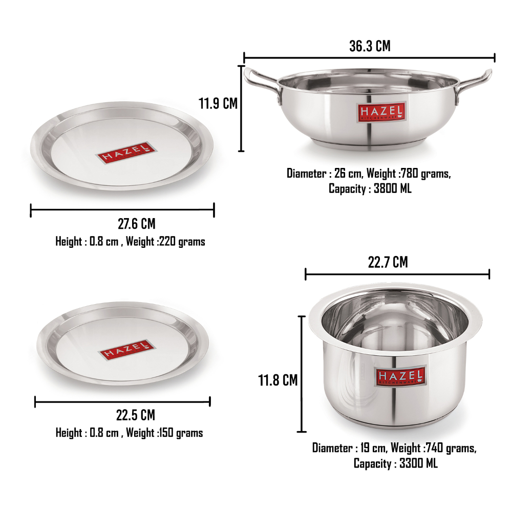 HAZEL Induction Base Cookware Set | Stainless Steel Induction Bottom Cookware Bartan Combo For Cooking (Kadhai, Tope, 2 Steel Lid Cover) 4 Pieces, 3800, 3300 ml, Silver