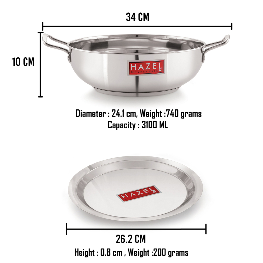 HAZEL Induction Base Kadai Kadhai | Stainless Steel Deep Karahi Induction Bottom Kadahi With Steel Lid Cover 26.2 cm Cookware Utensil, (Kadhai 24.1 cm, 3100 ml), Silver