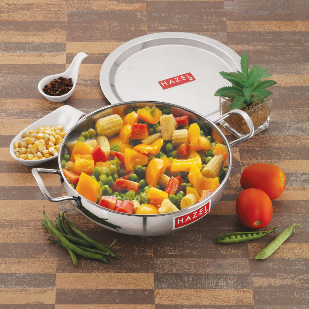 HAZEL Induction Base Kadai Kadhai | Stainless Steel Deep Karahi Induction Bottom Kadahi With Steel Lid Cover 30 cm Cookware Utensil, (Kadhai 28 cm, 4600 ml), Silver