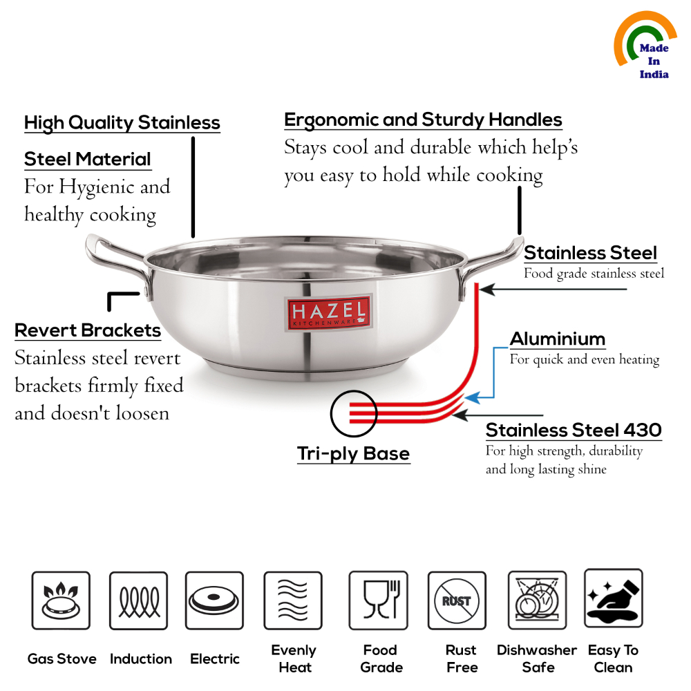 HAZEL Induction Base Kadai Kadhai | Stainless Steel Deep Karahi Induction Bottom Kadahi With Steel Lid Cover 30 cm Cookware Utensil, (Kadhai 28 cm, 4600 ml), Silver
