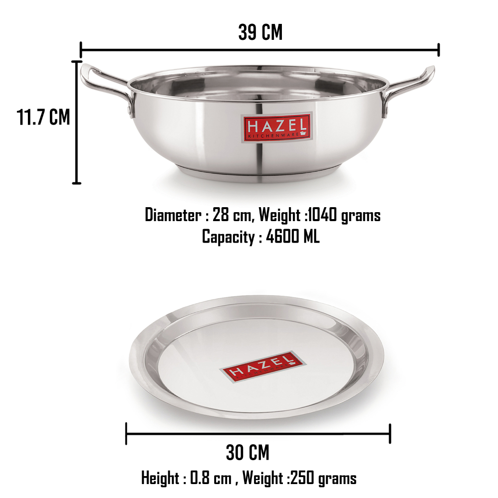 HAZEL Induction Base Kadai Kadhai | Stainless Steel Deep Karahi Induction Bottom Kadahi With Steel Lid Cover 30 cm Cookware Utensil, (Kadhai 28 cm, 4600 ml), Silver