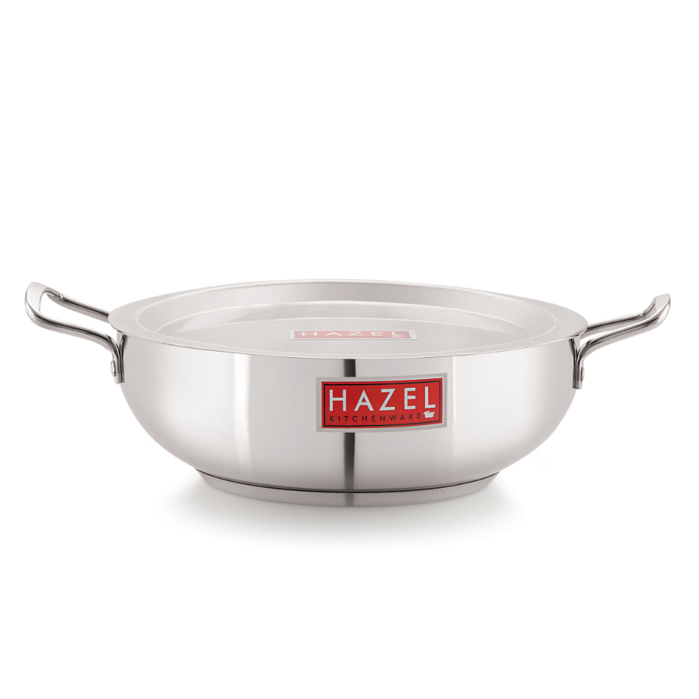 HAZEL Induction Base Kadai Kadhai | Stainless Steel Deep Karahi Induction Bottom Kadahi With Steel Lid Cover 30 cm Cookware Utensil, (Kadhai 28 cm, 4600 ml), Silver