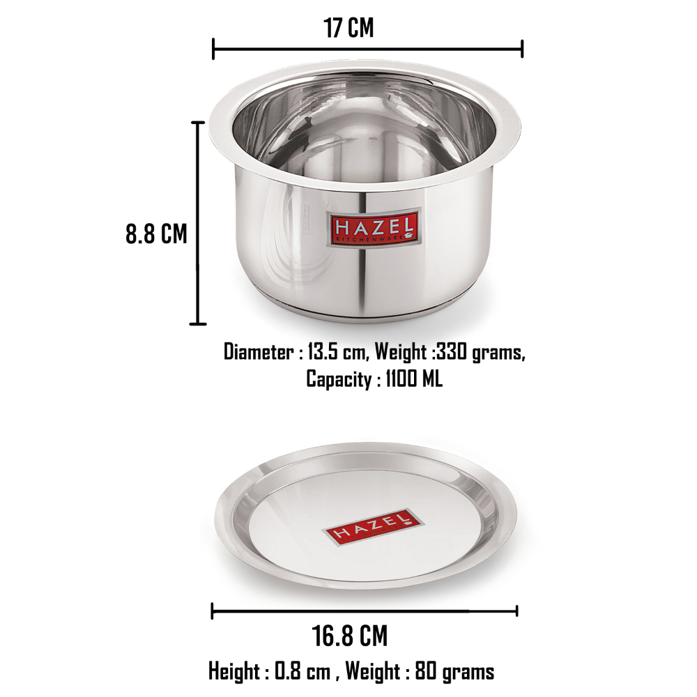 HAZEL Induction Base Tope Stainless Steel Induction Bottom Tope Thick Heavy Flat Base Patila Cookware With Steel Lid Cover 16.8 cm For Cooking (Tope Capacity 1100 ml), Silver