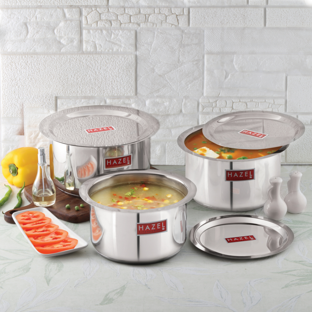 HAZEL Induction Base Tope Stainless Steel Heavy Base Thick Flat Bottom Patila Cookware With Steel Lids Cover Utensil For Kitchen ( 3 Topes & 3 Lids), 6 Pieces