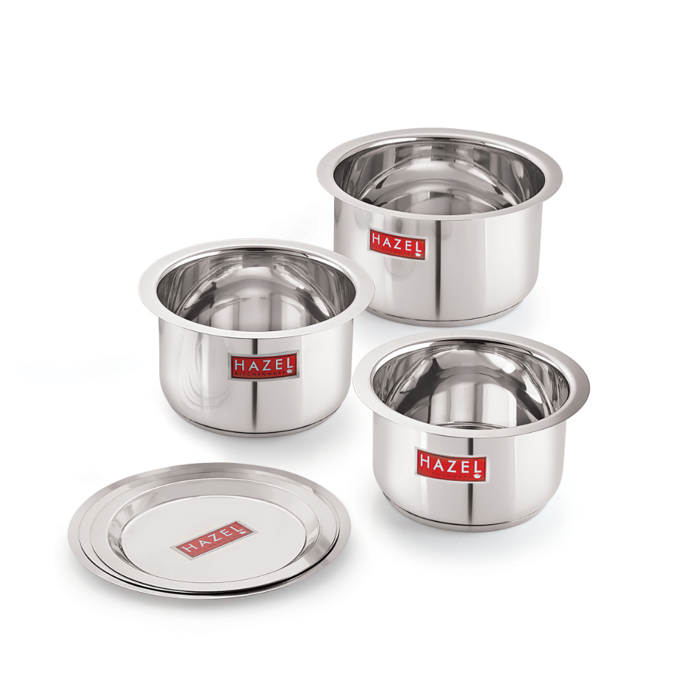 HAZEL Induction Base Tope Stainless Steel Heavy Base Thick Flat Bottom Patila Cookware With Steel Lids Cover Utensil For Kitchen ( 3 Topes & 3 Lids), 6 Pieces