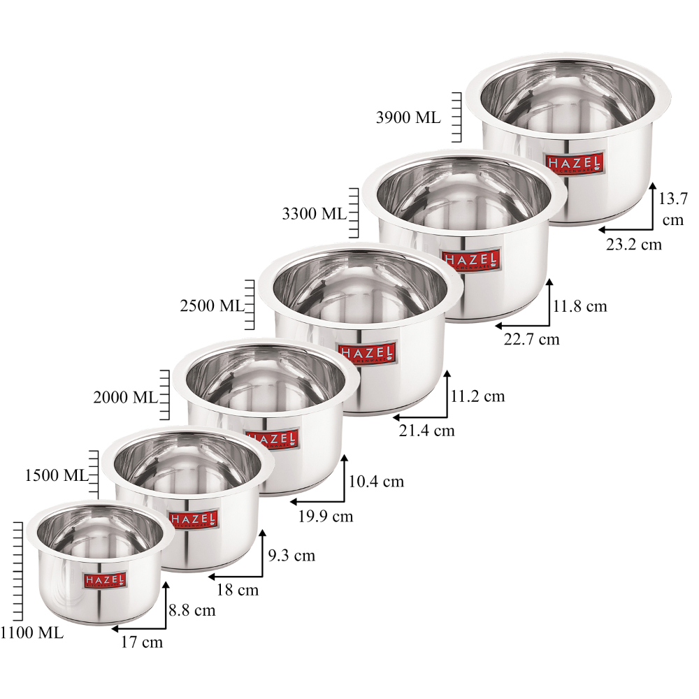 HAZEL Induction Base Tope Stainless Steel Heavy Base Thick Flat Bottom Patila Cookware Utensil For Kitchen, (1100 ml to 3900ml) Set of 6 Topes, Silver