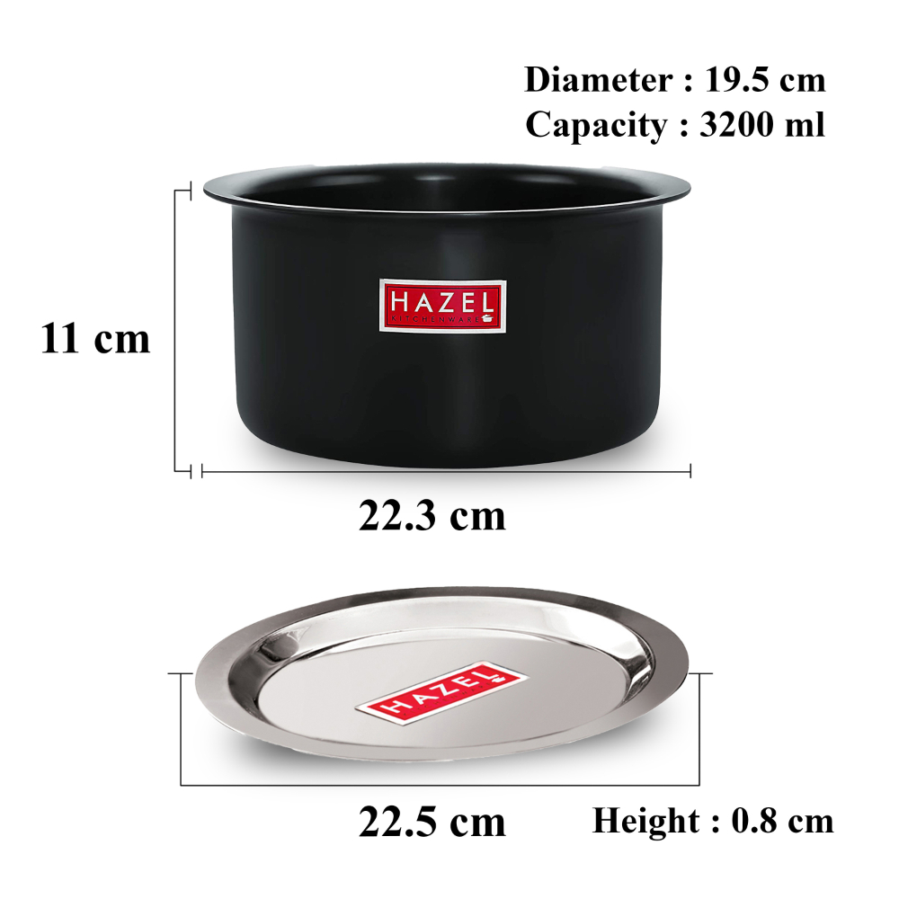 HAZEL Hard Anodised Aluminium Tope With Lid | Hard Anodised Cookware Boiling Tope Patila With Steel Lid Cover For Cooking (Tope Capacity 3200ml, Lid 22.5 cm), Black