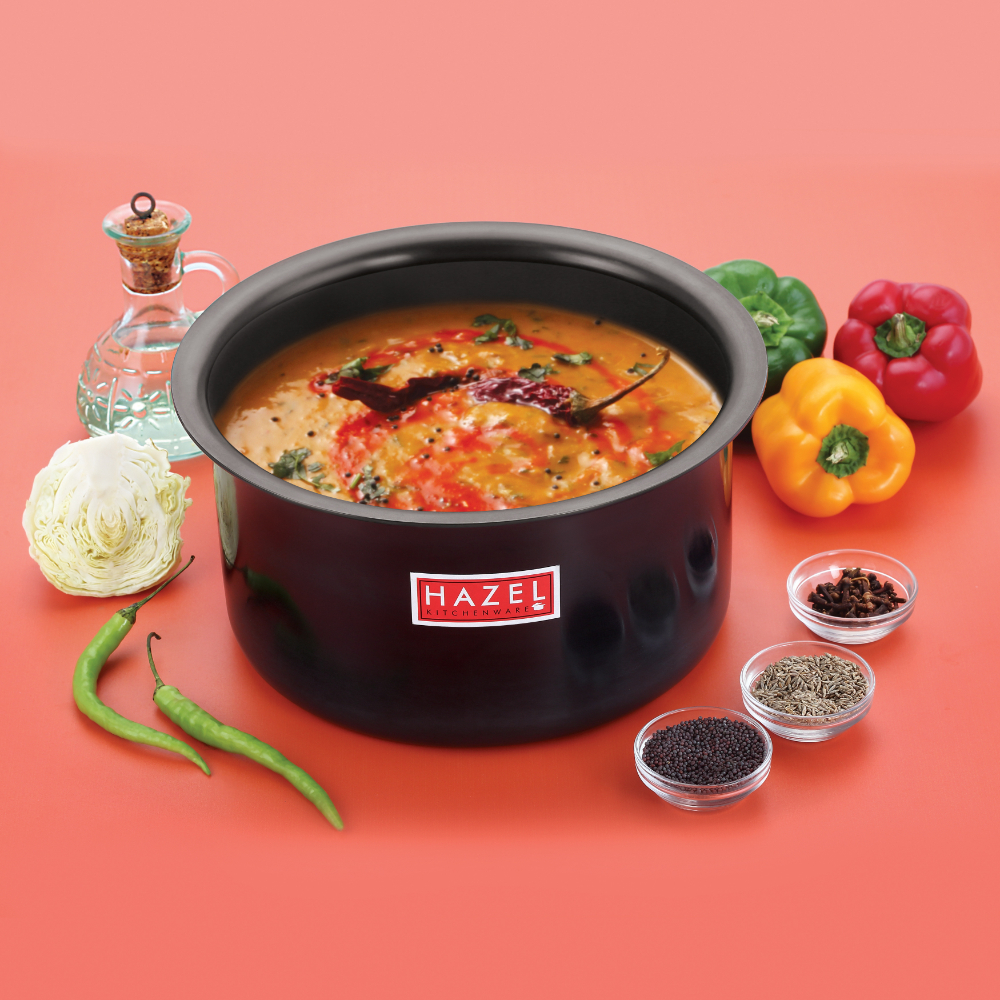 HAZEL Hard Anodised Aluminium Tope With Lid | Hard Anodised Cookware Boiling Tope Patila With Steel Lid Cover For Cooking (Tope Capacity 5600ml, Lid 27.6 cm), Black