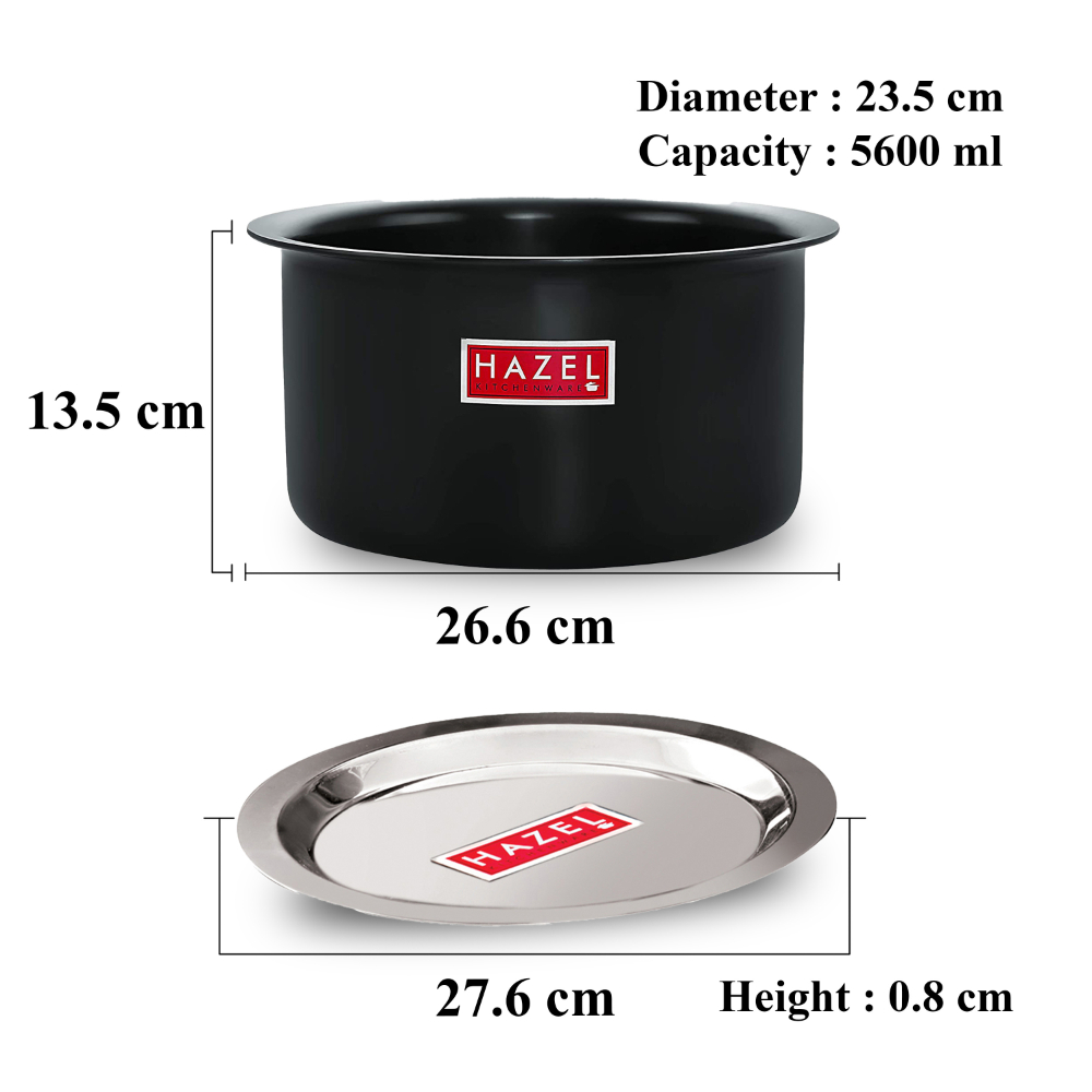 HAZEL Hard Anodised Aluminium Tope With Lid | Hard Anodised Cookware Boiling Tope Patila With Steel Lid Cover For Cooking (Tope Capacity 5600ml, Lid 27.6 cm), Black