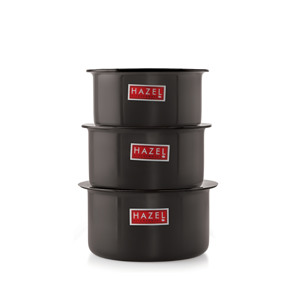HAZEL Hard Anodised Aluminium Tope Set With Lid | Hard Anodised Cookware Set Of Boiling Tope Patila With Steel Lid Cover For Cooking ( 3 Topes & 3 Lids), 6 Pieces, Black