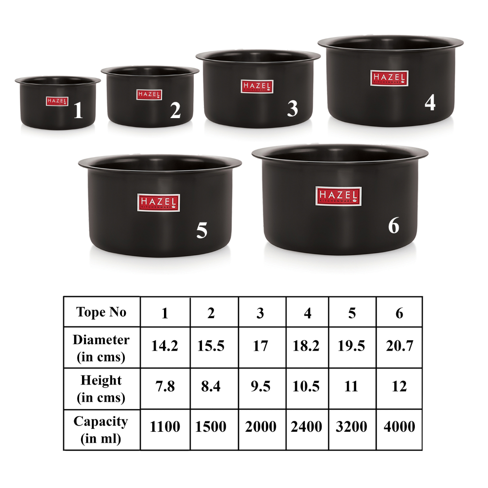 HAZEL Hard Anodised Aluminium Tope Set With Lid | Hard Anodised Cookware Set Of Boiling Tope Patila With Steel Lid Cover For Cooking ( 6 Topes & 6 Lids), 12 Pieces, Black