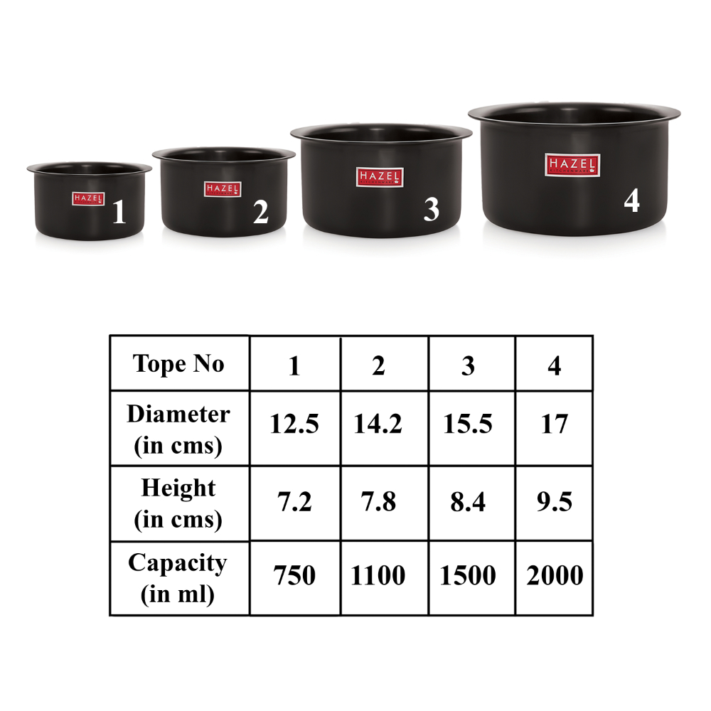 HAZEL Hard Anodised Aluminium Tope Set | Hard Anodised Cookware Set Of Boiling Tope Patila Bhagona For Cooking (750 ml to 2000ml) Set of 4 Topes, Black