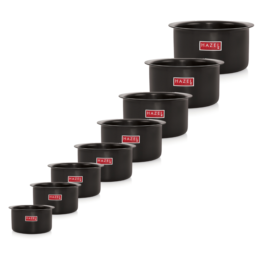 HAZEL Hard Anodised Aluminium Tope Set | Hard Anodised Cookware Set Of Boiling Tope Patila Bhagona For Cooking (750 ml to 4800ml) Set of 8 Topes, Black