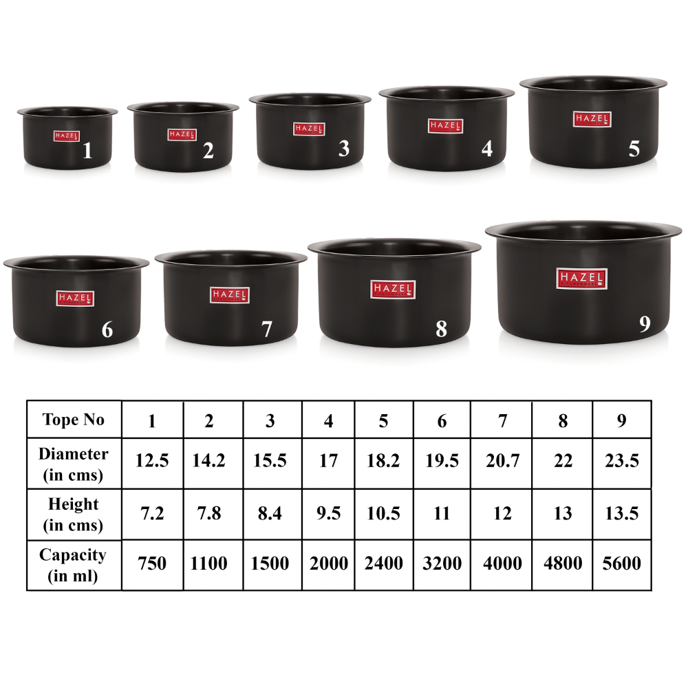 HAZEL Hard Anodised Aluminium Tope Set | Hard Anodised Cookware Set Of Boiling Tope Patila Bhagona For Cooking (750 ml to 5600ml) Set of 9 Topes, Black