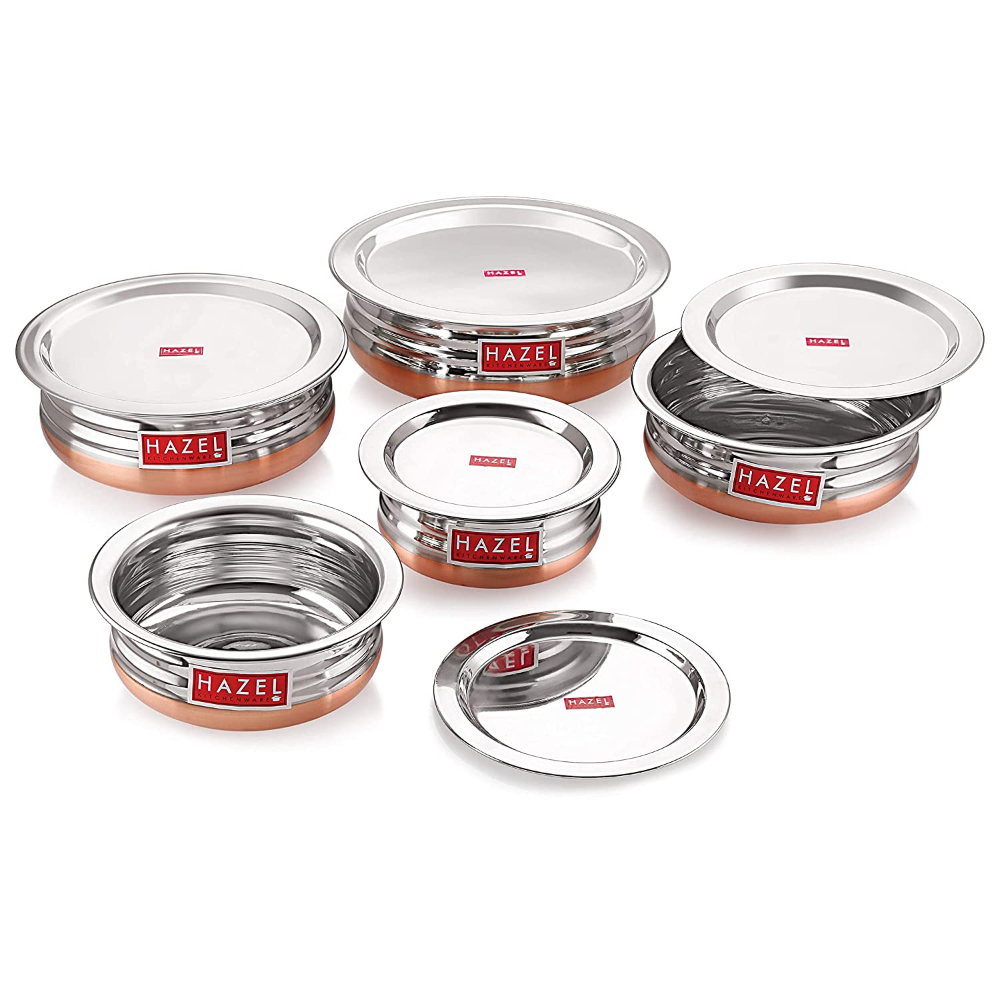 HAZEL Copper Bottom Urli Handi Set With Lid Cover| Premium Stainless Steel Cookware Set | Serving Cooking Tope Bowl For Kitchen | Copper Bottom Vessels For Cooking, 5 Piece