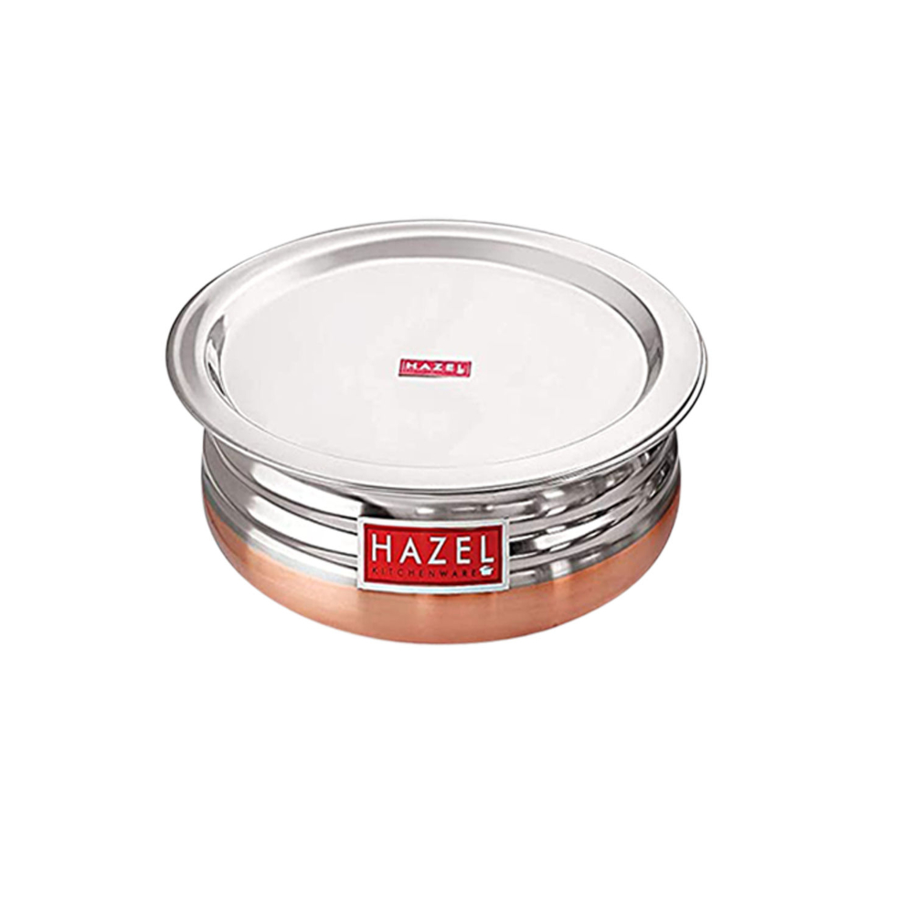 HAZEL Copper Bottom Uruli With Lid | Urli Vessel Cooking Stainless Steel |  Serving Tope Handi | Kitchen Items For Home Cooking, 1000 ML