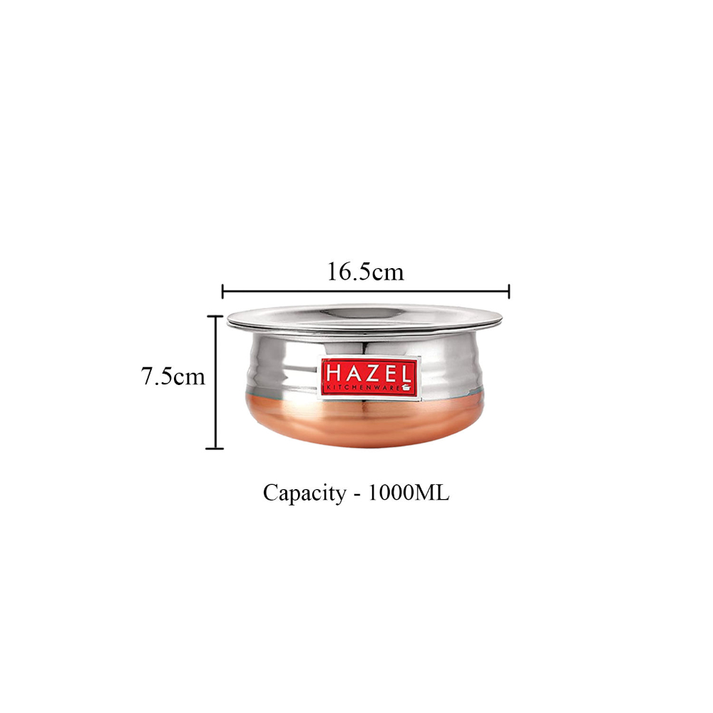 HAZEL Copper Bottom Uruli With Lid | Urli Vessel Cooking Stainless Steel |  Serving Tope Handi | Kitchen Items For Home Cooking, 1000 ML