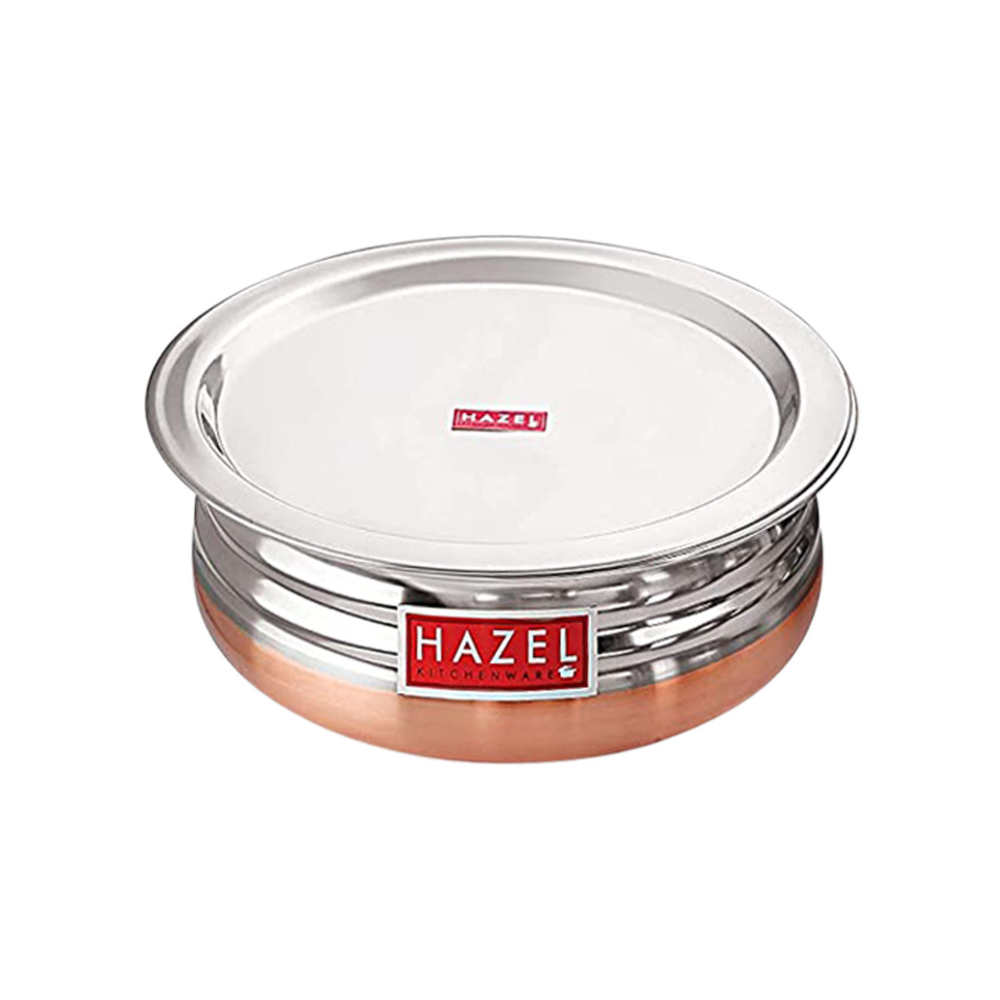 HAZEL Copper Bottom Uruli With Lid | Urli Vessel Cooking Stainless Steel |  Serving Tope Handi | Kitchen Items For Home Cooking, 1300 ML