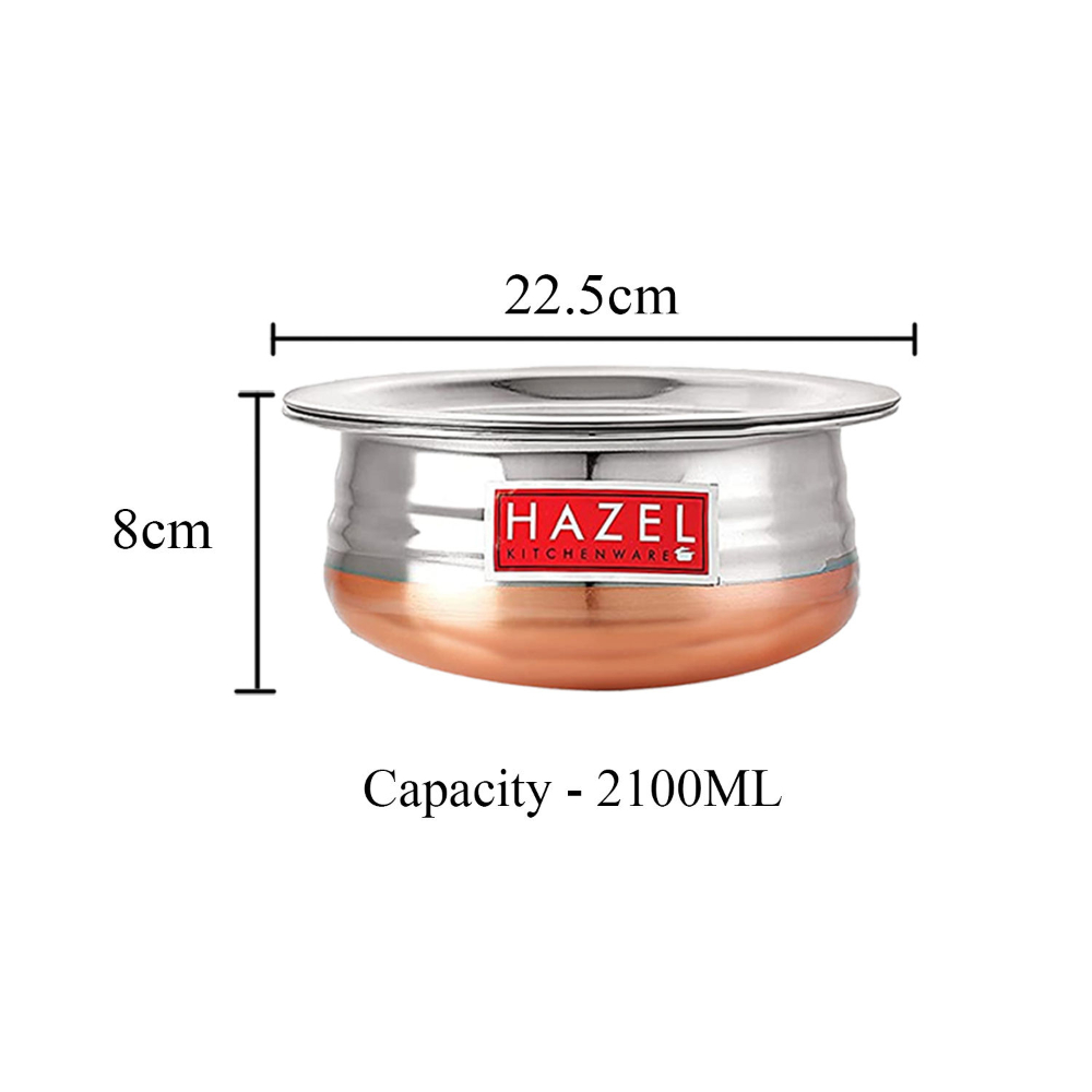HAZEL Copper Bottom Uruli With Lid | Urli Vessel Cooking Stainless Steel |  Serving Tope Handi | Kitchen Items For Home Cooking, 2100 ML