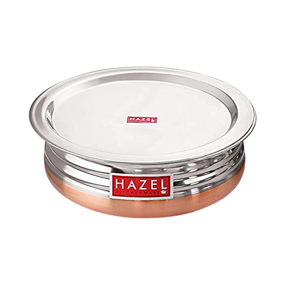 HAZEL Copper Bottom Uruli With Lid | Urli Vessel Cooking Stainless Steel |  Serving Tope Handi | Kitchen Items For Home Cooking, 2600 ML
