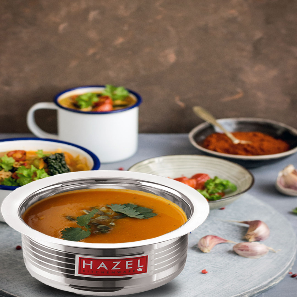 HAZEL Steel Tope with Lid |Designer Utensils Set for Kitchen with Round Bottom | Boiling Vessels, Multipurpose Steel Bhagona, Capacity 2400 ml