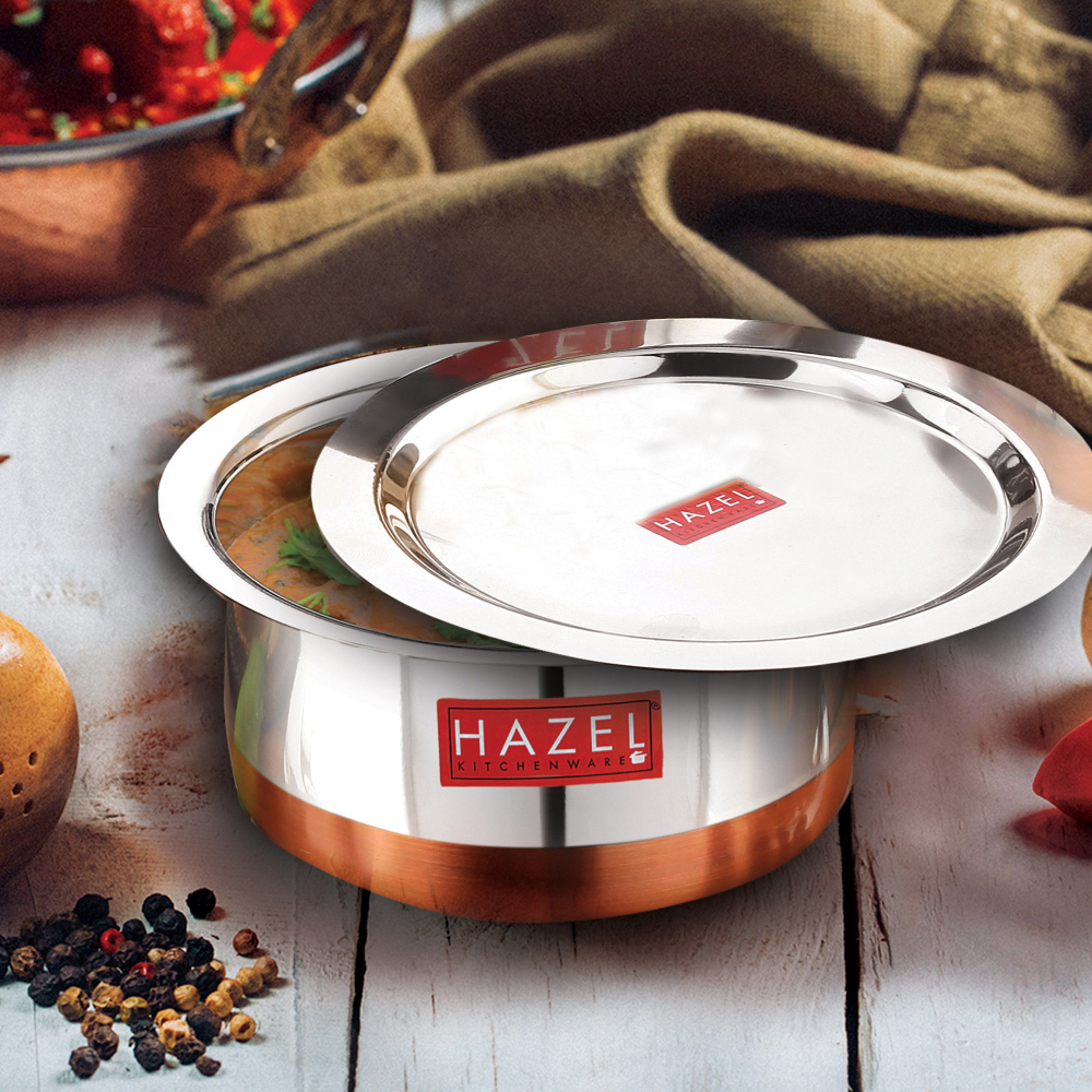 HAZEL Steel Copper Bottom Tope with Lid | Copper Bottom Vessels For Cooking |Copper Bottom Cooking Utensils | Stainless Steel Tope Patila, Capacity 3000 ml