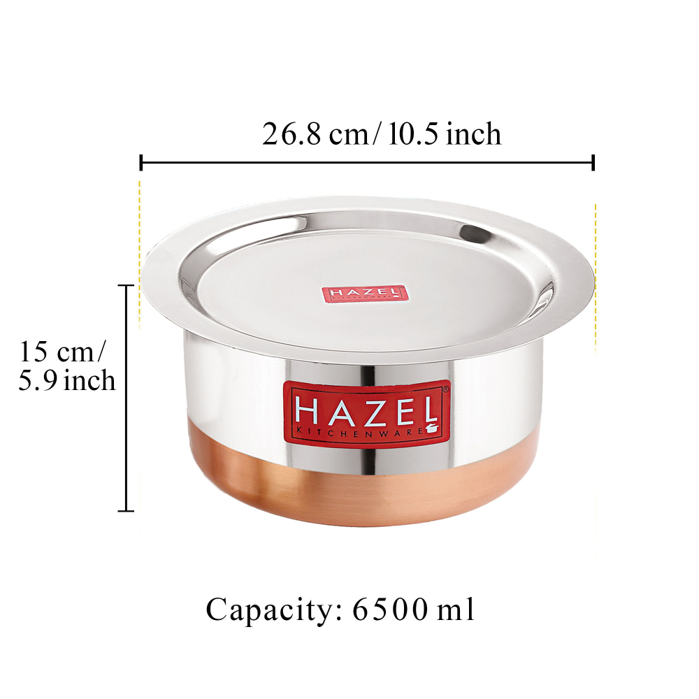 HAZEL Steel Copper Bottom Tope with Lid | Copper Bottom Vessels For Cooking |Copper Bottom Cooking Utensils | Stainless Steel Tope Patila, Capacity 6500 ml