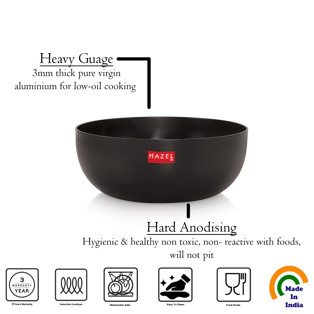 HAZEL Hard Anodised Kadai Induction | Induction Cookware Tasra with Lid | Aluminium Kadai Without Handle | Tasra with Lid Combo, 3800 ML