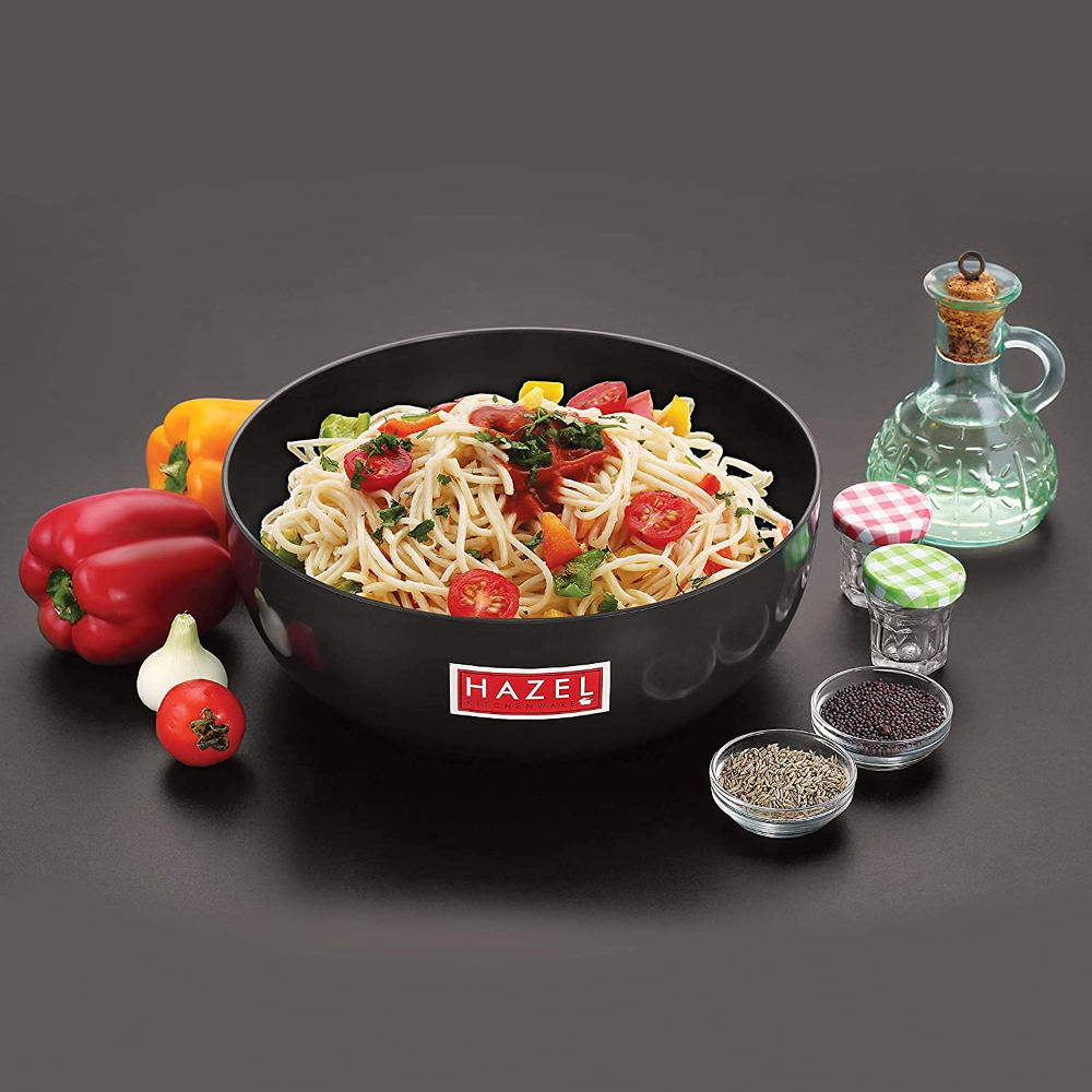 HAZEL Hard Anodised Kadai with Lid | Hard Anodized Tasra Cookware with Lid | Aluminium Kadai Without Handle | Tasra with Lid Combo, 900 ML
