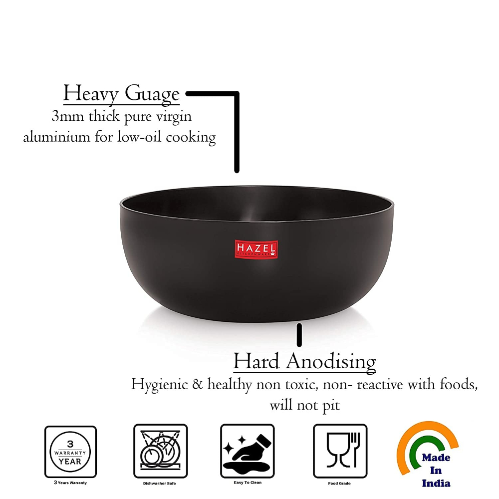 HAZEL Hard Anodised Kadai with Lid | Hard Anodized Tasra Cookware with Lid | Aluminium Kadai Without Handle | Tasra with Lid Combo, 900 ML