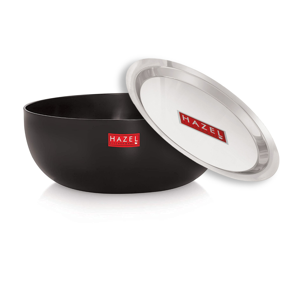 HAZEL Hard Anodised Kadai with Lid | Hard Anodized Tasra Cookware with Lid | Aluminium Kadai Without Handle | Tasra with Lid Combo, 2800 ML