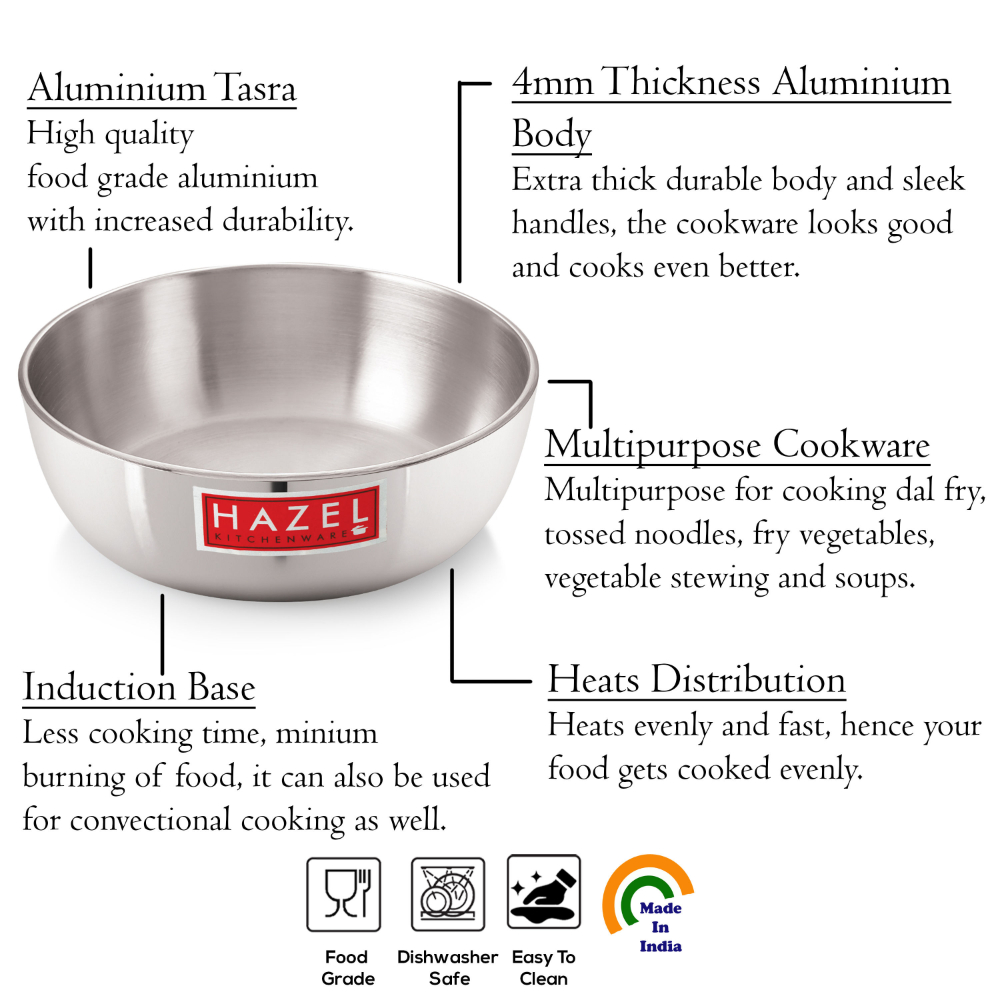 HAZEL Aluminium Kadai Without Handle | Kadhai Aluminium with Cover |  Aluminium Induction Tasra with Lid  | Aluminium Cookware with Lid Combo, 1200 ml