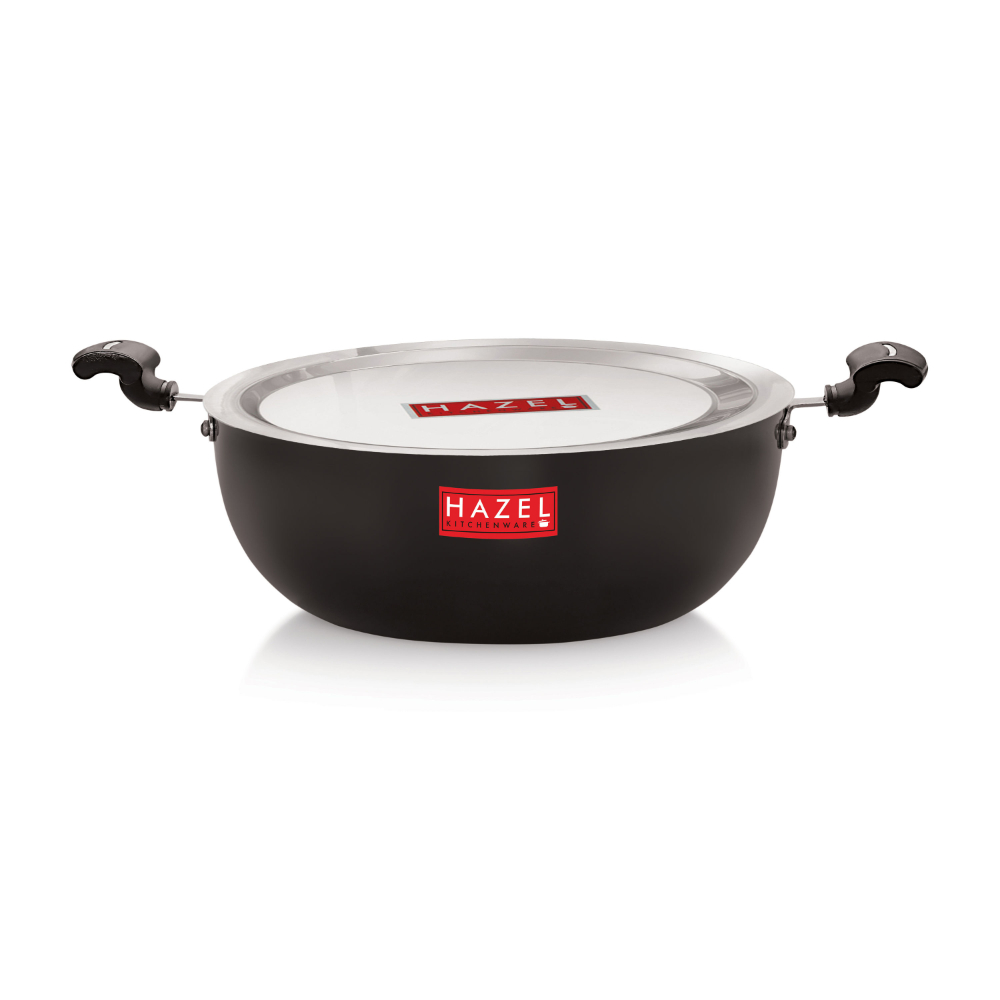 HAZEL Hard Anodised Kadai with Lid | Hard Anodized Kadhai Cookware with Lid | Aluminium Kadai With Handle | Kadhai with Lid Combo, 2700 ML