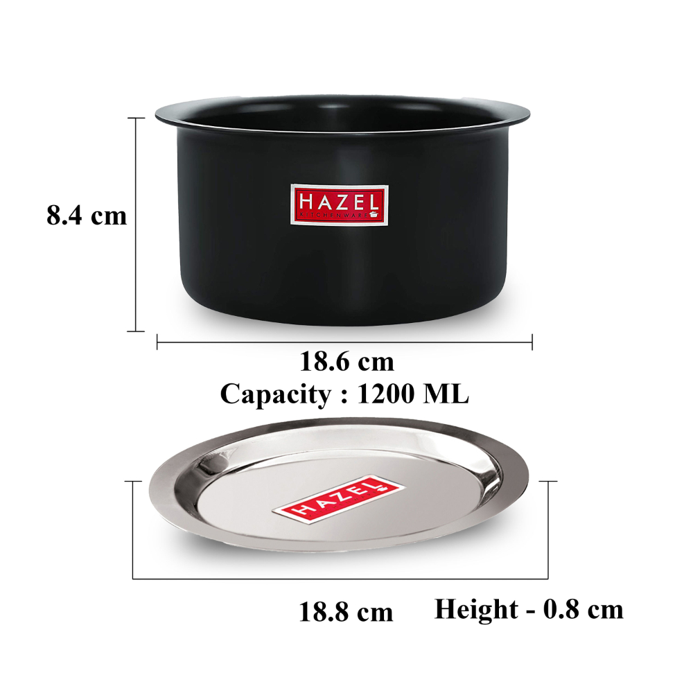 HAZEL Hard Anodised Aluminium Tope with Lid | Induction Cookware Boiling Tope Patila with Steel Lid for Cooking |Combo of Tope with Lid, 1200 ml