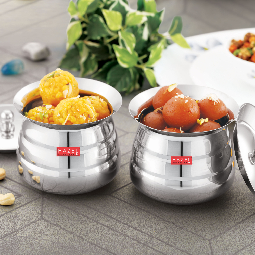 HAZEL Stainless Steel Serving Handi Set of 2 | Dal Handi Set for Serving | Serving Handi Small with Lid | 2 Piece Serving Pot, 500 ml