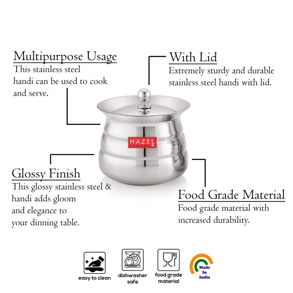 HAZEL Stainless Steel Serving Handi Set of 2 | Dal Handi Set for Serving | Serving Handi Small with Lid | 2 Piece Serving Pot, 500 ml