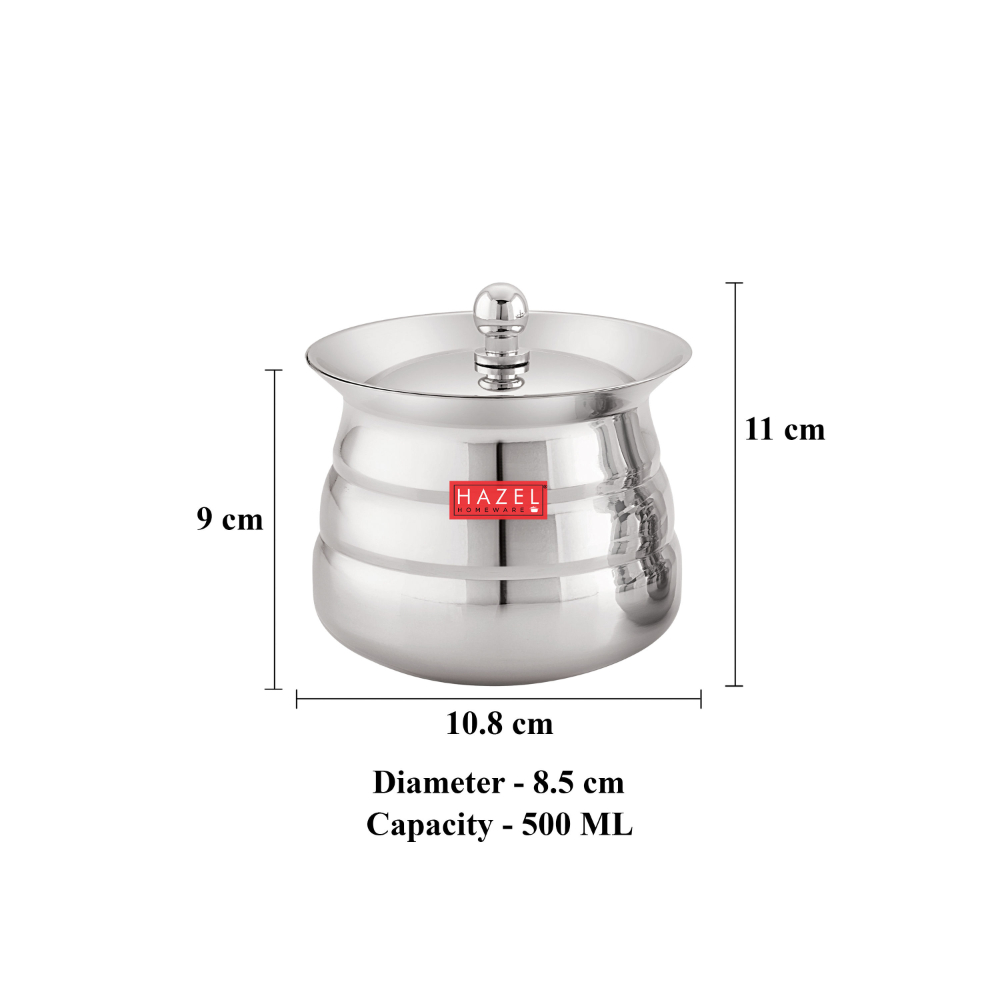 HAZEL Stainless Steel Serving Handi Set of 2 | Dal Handi Set for Serving | Serving Handi Small with Lid | 2 Piece Serving Pot, 500 ml